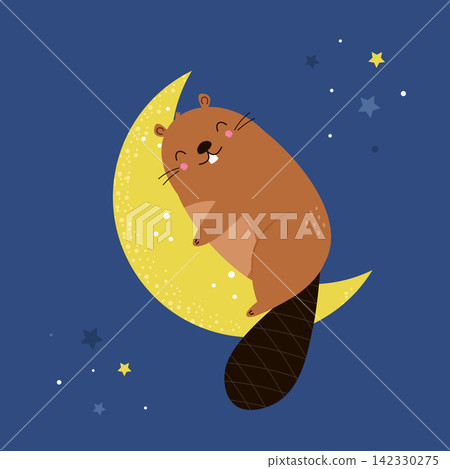 Cute cartoon beaver sleeping on crescent moon with stars in night sky Cute cartoon beaver sleeping on crescent moon with stars in night sky 142330275