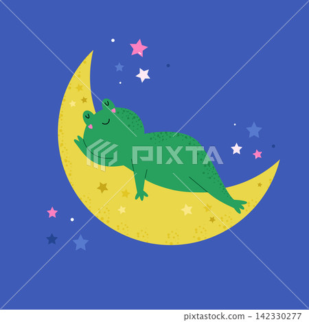 Cute cartoon frog sleeping on a yellow crescent moon at night Cute cartoon frog sleeping on a yellow crescent moon at night 142330277