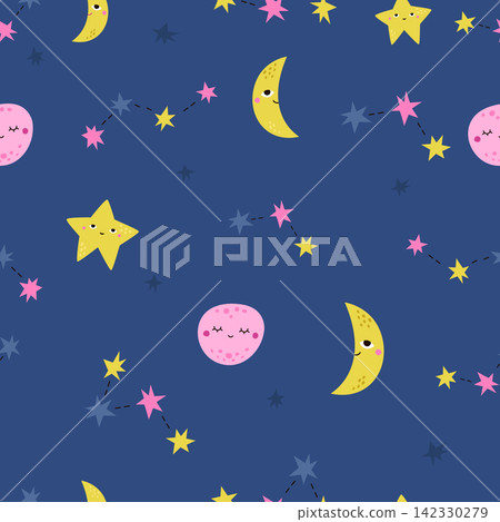 Seamless pattern with cute planets, moons and stars in night sky Seamless pattern with cute planets, moons and stars in night sky 142330279