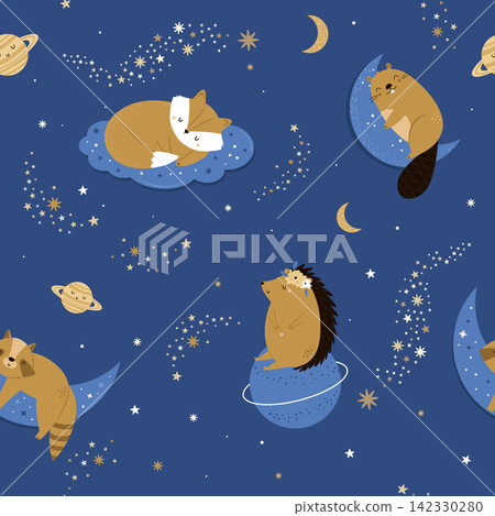Seamless pattern with cute animals sleeping on moons and clouds in starry night sky Seamless pattern with cute animals sleeping on moons and clouds in starry night sky 142330280
