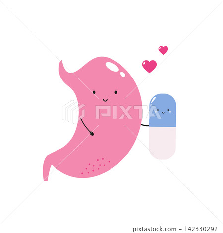 Vector illustration of happy stomach with pill Vector illustration of happy stomach with pill 142330292