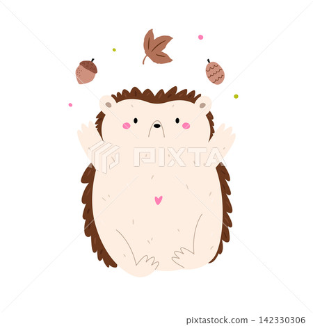 Cute cartoon hedgehog juggling leaves, cone and acorn on white background Cute cartoon hedgehog juggling leaves, cone and acorn on white background 142330306