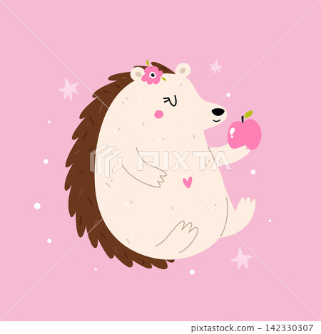 Cute cartoon hedgehog holding an apple on pink background with stars 142330307