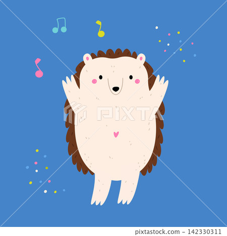 A cute dancing cartoon hedgehog with music notes on blue background A cute dancing cartoon hedgehog with music notes on blue background 142330311