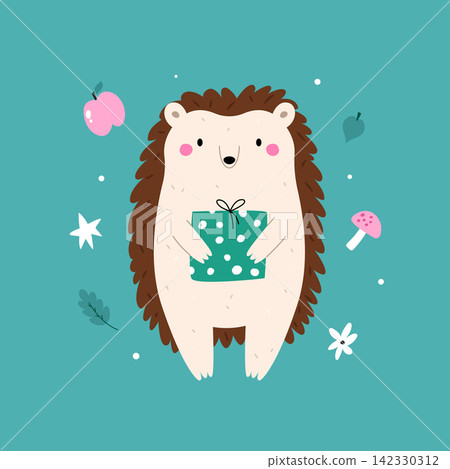 Cute cartoon hedgehog holding a gift on teal background with apples and flowers 142330312