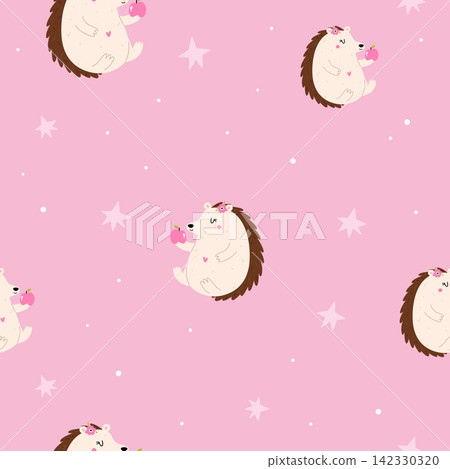 Cute cartoon hedgehogs eating apples on pink background with white stars Cute cartoon hedgehogs eating apples on pink background with white stars 142330320