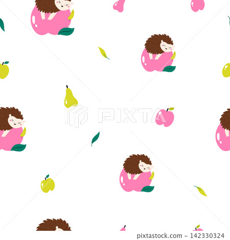 Cute cartoon hedgehogs sleeping on pink apples with green leaves and fruit 142330324