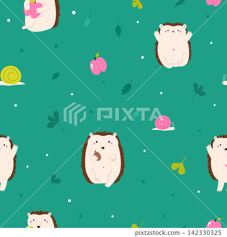 Cute cartoon hedgehogs with leaves and snails on green background 142330325
