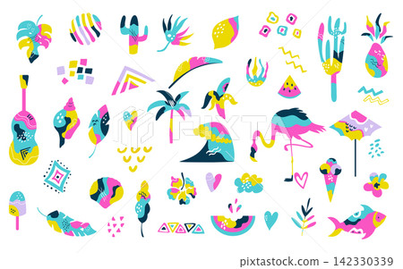 Colorful summer tropical vector elements set with birds, sea life, palm leaves 142330339