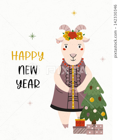 New Year greeting card with cute goat in ethnic outfit 142330346