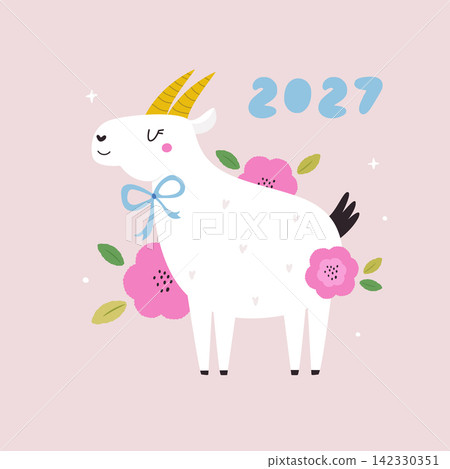 New Year greeting card with cute goat and flowers 142330351