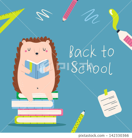 Back to school vector concept with cute hedgehog reading book on stack of books Back to school vector concept with cute hedgehog reading book on stack of books 142330366