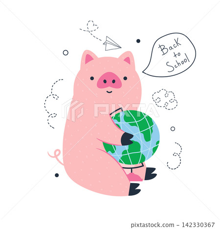 Back to school vector concept with cute pink piglet sitting with globe Back to school vector concept with cute pink piglet sitting with globe 142330367