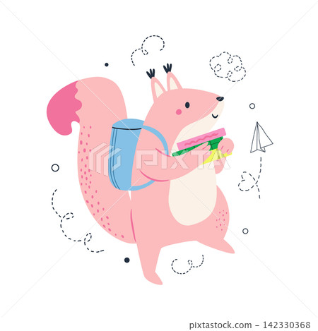 Back to school vector concept with cute pink squirrel carrying books and backpack Back to school vector concept with cute pink squirrel carrying books and backpack 142330368