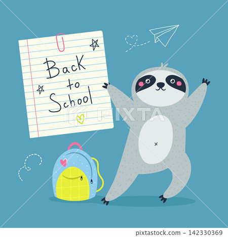 Back to school vector concept with cute sloth character holding lined notebook sheet Back to school vector concept with cute sloth character holding lined notebook sheet 142330369