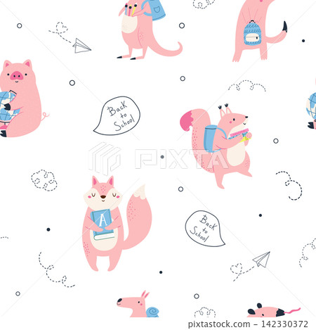 Cute back to school seamless pattern with squirrel, fox, pig, kangaroo and anteater Cute back to school seamless pattern with squirrel, fox, pig, kangaroo and anteater 142330372