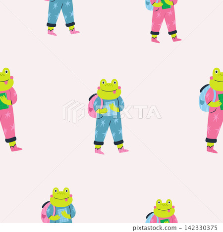 Seamless pattern with cute frog students with backpacks and overalls. 142330375