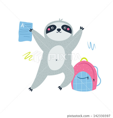 Happy sloth celebrating holding paper with A grade. Back to school illustration Happy sloth celebrating holding paper with A grade. Back to school illustration 142330397