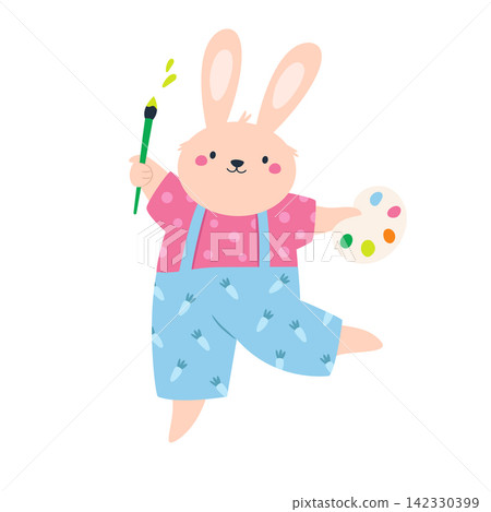Cute bunny holding a paintbrush and art palette. Back to school illustration Cute bunny holding a paintbrush and art palette. Back to school illustration 142330399