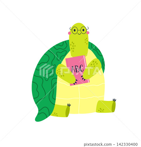 Cute turtle with glasses holding a book. Back to school illustration Cute turtle with glasses holding a book. Back to school illustration 142330400