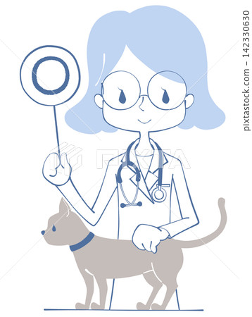 An illustration of a veterinarian examining a cat and holding a circular sign. An illustration of a veterinarian examining a cat and holding a circular sign. 142330630