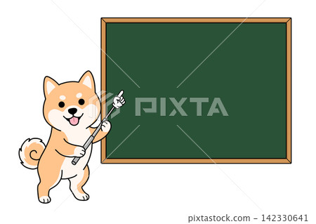 A cute Shiba Inu character explaining and guiding on a blackboard with a pointer (copy space frame) A cute Shiba Inu character explaining and guiding on a blackboard with a pointer (copy space frame) 142330641