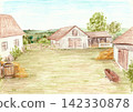 Rural farmyard landscape featuring a farmhouse, agricultural buildings, fences, and countryside surroundings. Hand-drawn background illustration created with colored pencils.  142330878