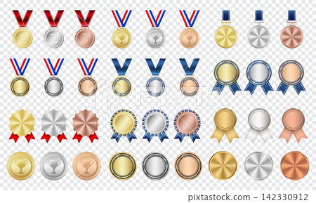 Gold, silver, and bronze medal. Realistic medal set. Prizes for winner. Award with ribbon. Reward isolated. Champion medal set. Vector illustration Gold, silver, and bronze medal. Realistic medal set. Prizes for winner. Award with ribbon. Reward isolated. Champion medal set. Vector illustration 142330912