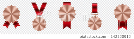 Set of bronze medal. Bronze medals. Bronze medals with ribbons. Third placement winner trophy prize. Victory concept. Vector illustration Set of bronze medal. Bronze medals. Bronze medals with ribbons. Third placement winner trophy prize. Victory concept. Vector illustration 142330913