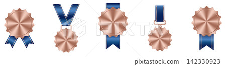 Set of bronze medal. Bronze medals. Bronze medals with ribbons. Third placement winner trophy prize. Victory concept. Vector illustration Set of bronze medal. Bronze medals. Bronze medals with ribbons. Third placement winner trophy prize. Victory concept. Vector illustration 142330923