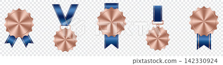 Set of bronze medal. Bronze medals. Bronze medals with ribbons. Third placement winner trophy prize. Victory concept. Vector illustration 142330924