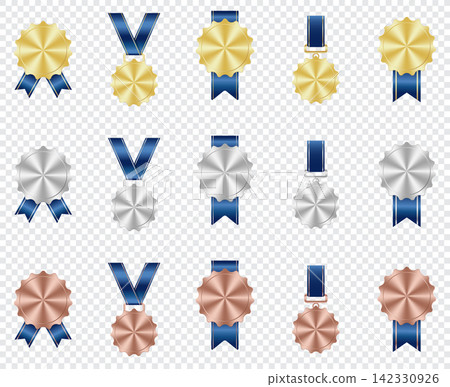 Gold, silver, and bronze medal. Realistic medal set. Prizes for winner. Award with ribbon. Reward isolated. Champion medal set. Vector illustration Gold, silver, and bronze medal. Realistic medal set. Prizes for winner. Award with ribbon. Reward isolated. Champion medal set. Vector illustration 142330926