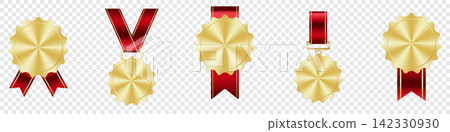Set of golden medal. Gold medals. Gold medals with ribbons. First placement winner trophy prize. Victory concept. Vector illustration Set of golden medal. Gold medals. Gold medals with ribbons. First placement winner trophy prize. Victory concept. Vector illustration 142330930