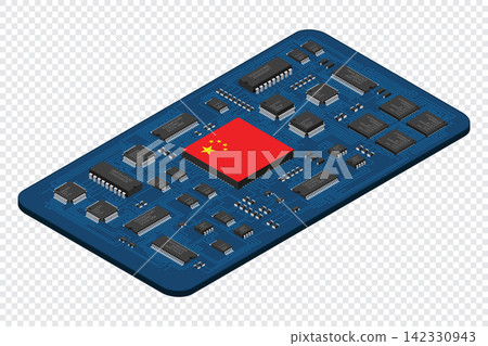 Isometric electronic board with China flag. Isometric printed circuit board with electronic components. Electronic components and integrated circuit board Isometric electronic board with China flag. Isometric printed circuit board with electronic components. Electronic components and integrated circuit board 142330943