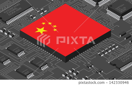 Isometric electronic board with China flag. Isometric printed circuit board with electronic components. Electronic components and integrated circuit board 142330946