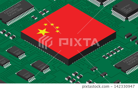 Isometric electronic board with China flag. Isometric printed circuit board with electronic components. Electronic components and integrated circuit board Isometric electronic board with China flag. Isometric printed circuit board with electronic components. Electronic components and integrated circuit board 142330947
