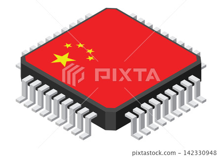 Microchip computer electronic component with China flag. Microchip icon. Isometric microchip. Computer processor technology. Microprocessor Microchip computer electronic component with China flag. Microchip icon. Isometric microchip. Computer processor technology. Microprocessor 142330948