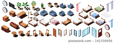 Isometric home furniture set. Furniture isometric elements construction mega set. Isometric interior elements set. Bedroom, living room, dining room Isometric home furniture set. Furniture isometric elements construction mega set. Isometric interior elements set. Bedroom, living room, dining room 142330956