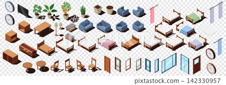 Isometric home furniture set. Furniture isometric elements construction mega set. Isometric interior elements set. Bedroom, living room, dining room Isometric home furniture set. Furniture isometric elements construction mega set. Isometric interior elements set. Bedroom, living room, dining room 142330957