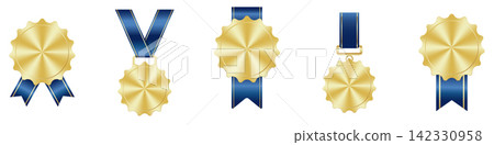 Set of golden medal. Gold medals. Gold medals with ribbons. First placement winner trophy prize. Victory concept. Vector illustration Set of golden medal. Gold medals. Gold medals with ribbons. First placement winner trophy prize. Victory concept. Vector illustration 142330958