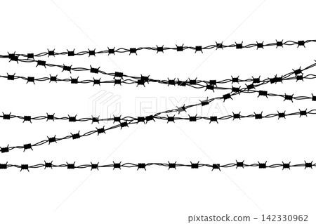 Black silhouette of the barbed wire. Barbed wire. Barb wire for prison fence, steel border and military barrier. Vector illustration Black silhouette of the barbed wire. Barbed wire. Barb wire for prison fence, steel border and military barrier. Vector illustration 142330962