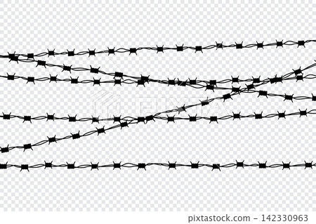 Black silhouette of the barbed wire. Barbed wire. Barb wire for prison fence, steel border and military barrier. Vector illustration Black silhouette of the barbed wire. Barbed wire. Barb wire for prison fence, steel border and military barrier. Vector illustration 142330963