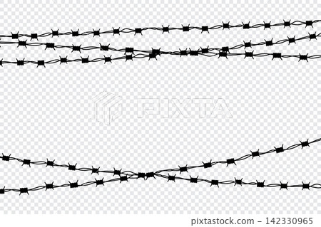 Black silhouette of the barbed wire. Barbed wire. Barb wire for prison fence, steel border and military barrier. Vector illustration Black silhouette of the barbed wire. Barbed wire. Barb wire for prison fence, steel border and military barrier. Vector illustration 142330965