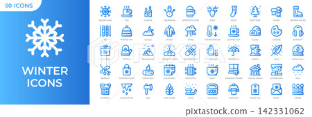Set of 50 winter outline gradient icons. Snow, ski, snowflake, snowman, sweater. Collection featuring winter and cold weather symbols. Vector illustration 142331062