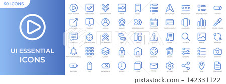 Set of 50 user interface outline gradient icons. Basic ui ux icon set. UI icons kit for website. User interface essential set. Vector illustration 142331122
