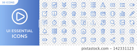 Set of 50 user interface outline gradient icons. Basic ui ux icon set. UI icons kit for website. User interface essential set. Vector illustration 142331123