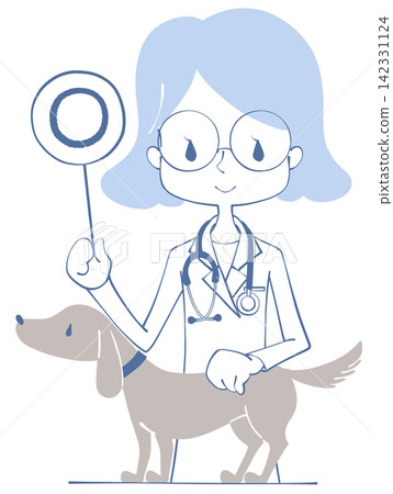 An illustration of a veterinarian examining a dog and holding a circular tag. An illustration of a veterinarian examining a dog and holding a circular tag. 142331124