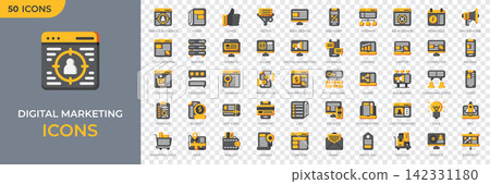 Set of 50 digital marketing flat color icons. Marketing and advertising icon collection. Seo, website, social media and online advertising. Vector illustration 142331180