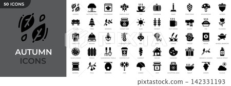Set of 50 autumn solid icons. Autumn season icons set. Containing season, pumpkin, falling leaves, maple leaf, mushroom and more. Vector illustration 142331193