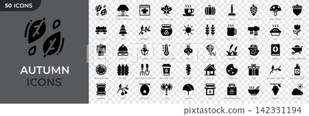 Set of 50 autumn solid icons. Autumn season icons set. Containing season, pumpkin, falling leaves, maple leaf, mushroom and more. Vector illustration Set of 50 autumn solid icons. Autumn season icons set. Containing season, pumpkin, falling leaves, maple leaf, mushroom and more. Vector illustration 142331194
